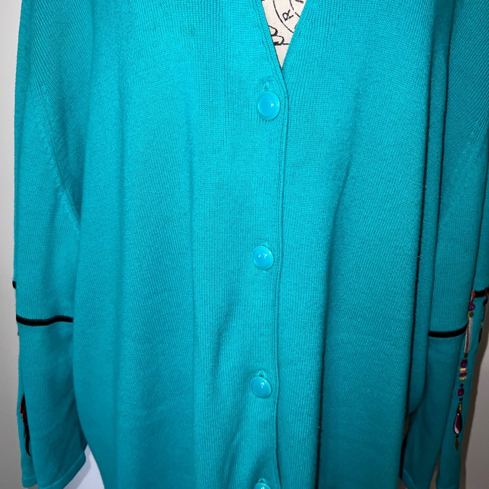 Bob Mackie Wearable Art Turquoise Embroidered Cardigan Duster Dreamcatcher/3X - Picture 3 of 9